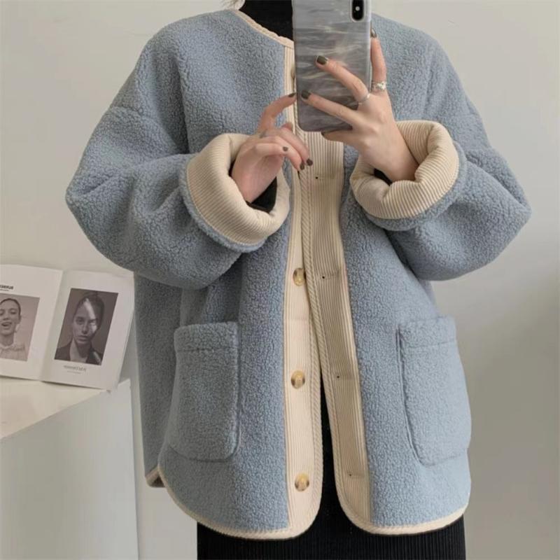 Winter Thick Contrasting Retro Lamb Style Loose Women's Clothing Round Neck Mid Length Cardigan All-match Chic Coats
