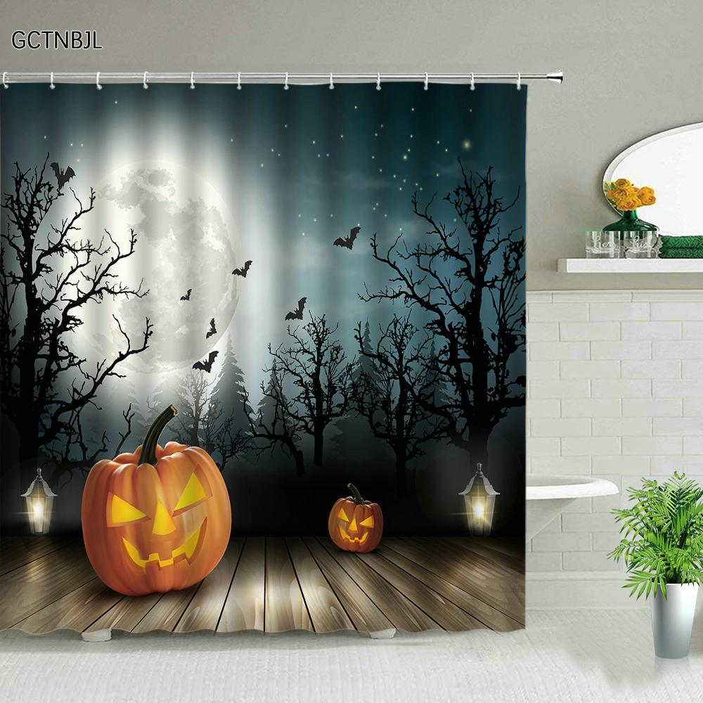 Halloween pumpkin Lantern Shower Curtain Bathroom The Terrible  Forest Wood Ghost House Tombstone Fabric Bathroom Curtain Set