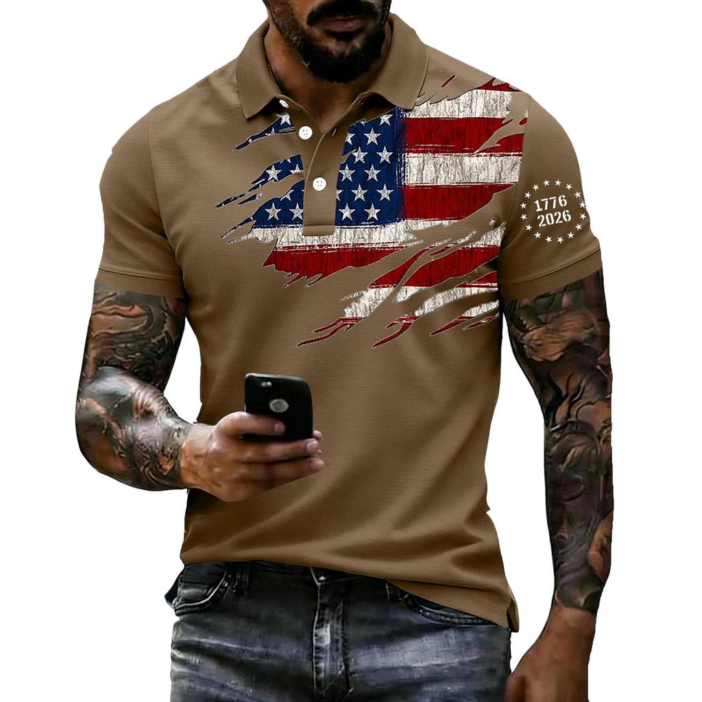 Men Loose Fit Casual Polo Shirt Short Sleeve with Flag Print Lapel Collar Comfortable Breathable Fabric