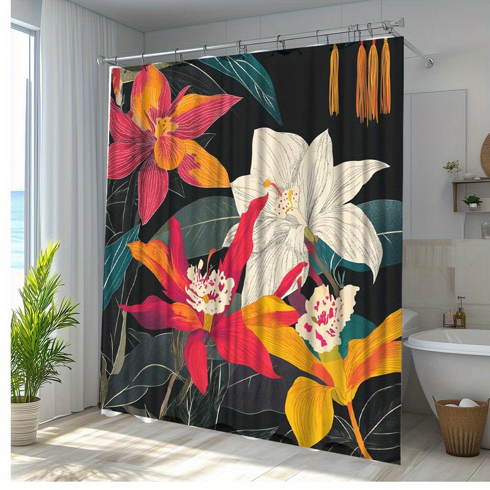 1Pc Vibrant Floral Shower Curtain With Orchids & Lilies On Dark Background - Polyester Bathroom Decor 70.8X70.8 Inches,