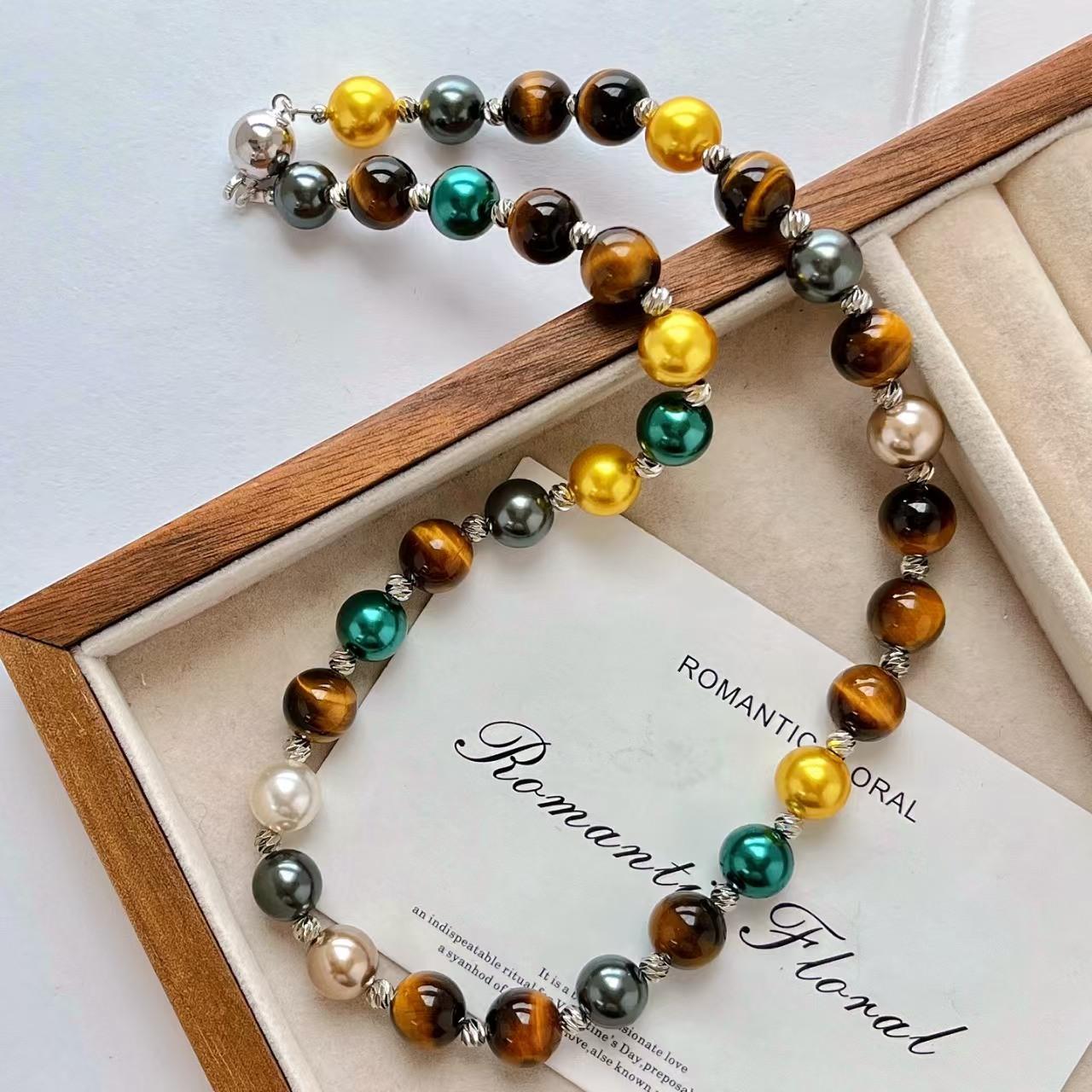 

Vintage Design Mixed Color Candy Artificial Crystal Pearl Natural Tiger S Eye Clavicle Chain Necklace