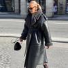 Elegant Women's Autumn Winter Long Trench Coat with Lapel, Belt, and Long Sleeves