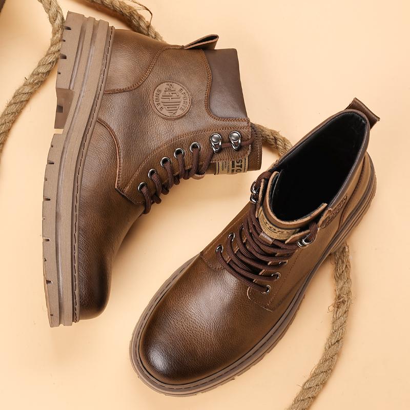 Nowość Męskie buty typu high-top Outdoorowe skórzane botki Modne sznurowane buty motocyklowe Antypoślizgowe męskie Zimowe pluszowe śniegowce