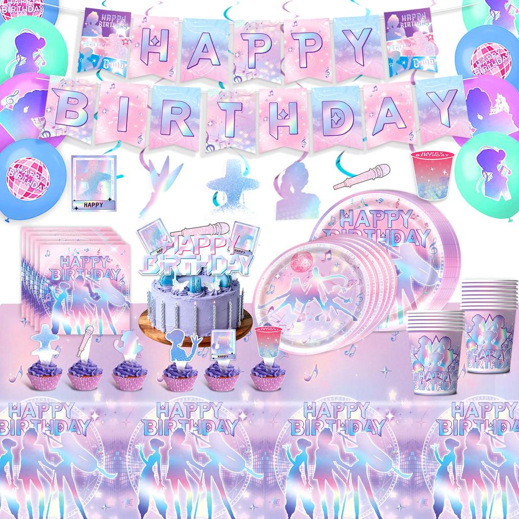 Colorful Demon Hunter Girls Party Tableware Set with KPOP Birthday Plates & Pull Flags Decorations