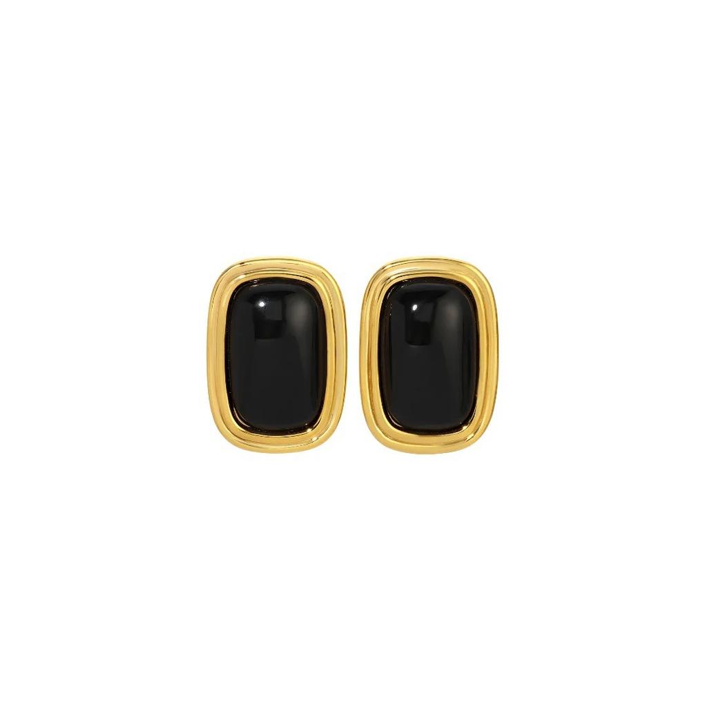 French Romantic Brass Plated 18K Real Gold Inlaid Black Agate Niche 925 Silver Needle Stud Earrings Light Luxury Earrings