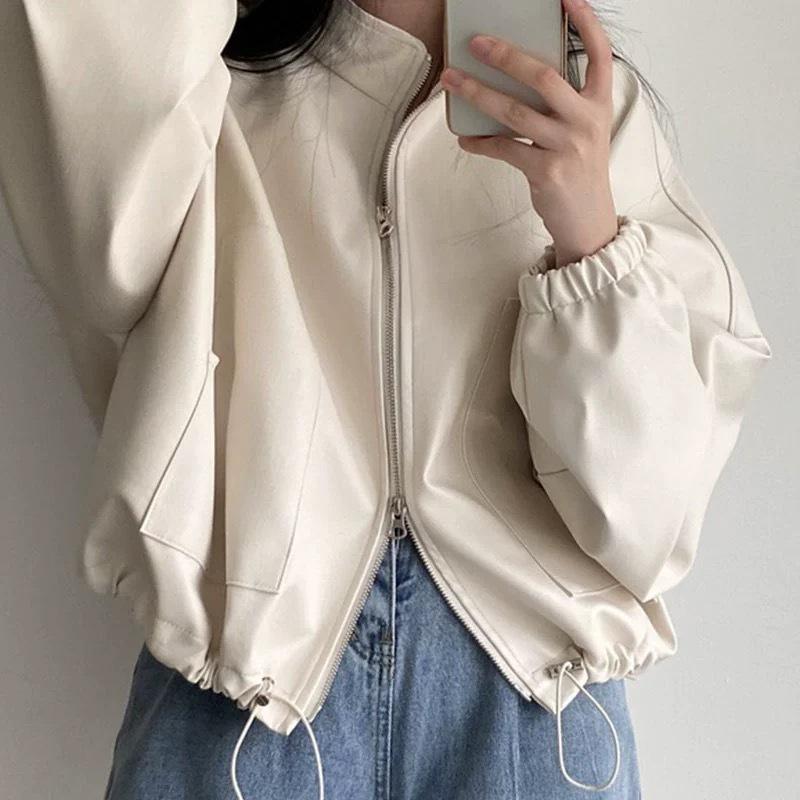 Korean Stand Collar Zipper Motorcycle Leather Jacket with Pockets & Drawstring for Women