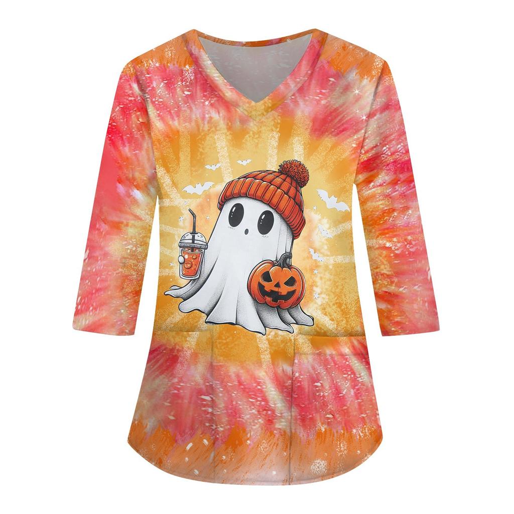 Women's Fashion Casual Halloween Print V-neck 3/4 Sleeve Uniform Overalls T-Shirt Top