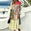 Women's Casual Color Block Plaid Print Long Sleeve V-Neck Dress with Pockets