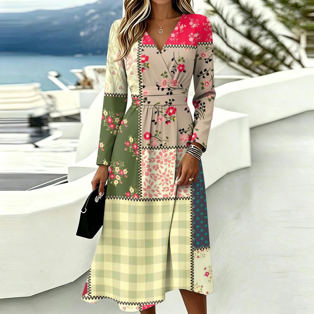 Women's Casual Color Block Plaid Print Long Sleeve V-Neck Dress with Pockets