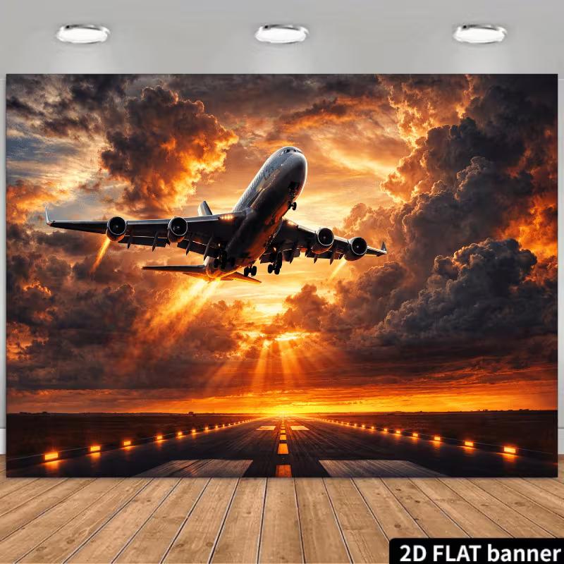 

2D Commercial Jet Backdrop, Plane Taking Off Over Sunset Clouds Photography Background 47.2x31.5inch/120*80cm