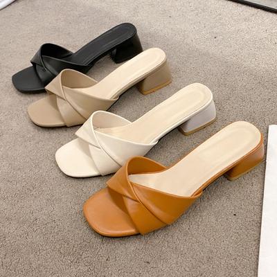 Damen Hausschuhe Sommer Neu Dicke Ferse Slipper Luxus Lässige Leder Hausschuhe für Damen Eckige Zehen Offene Zehen Pantoletten Mules