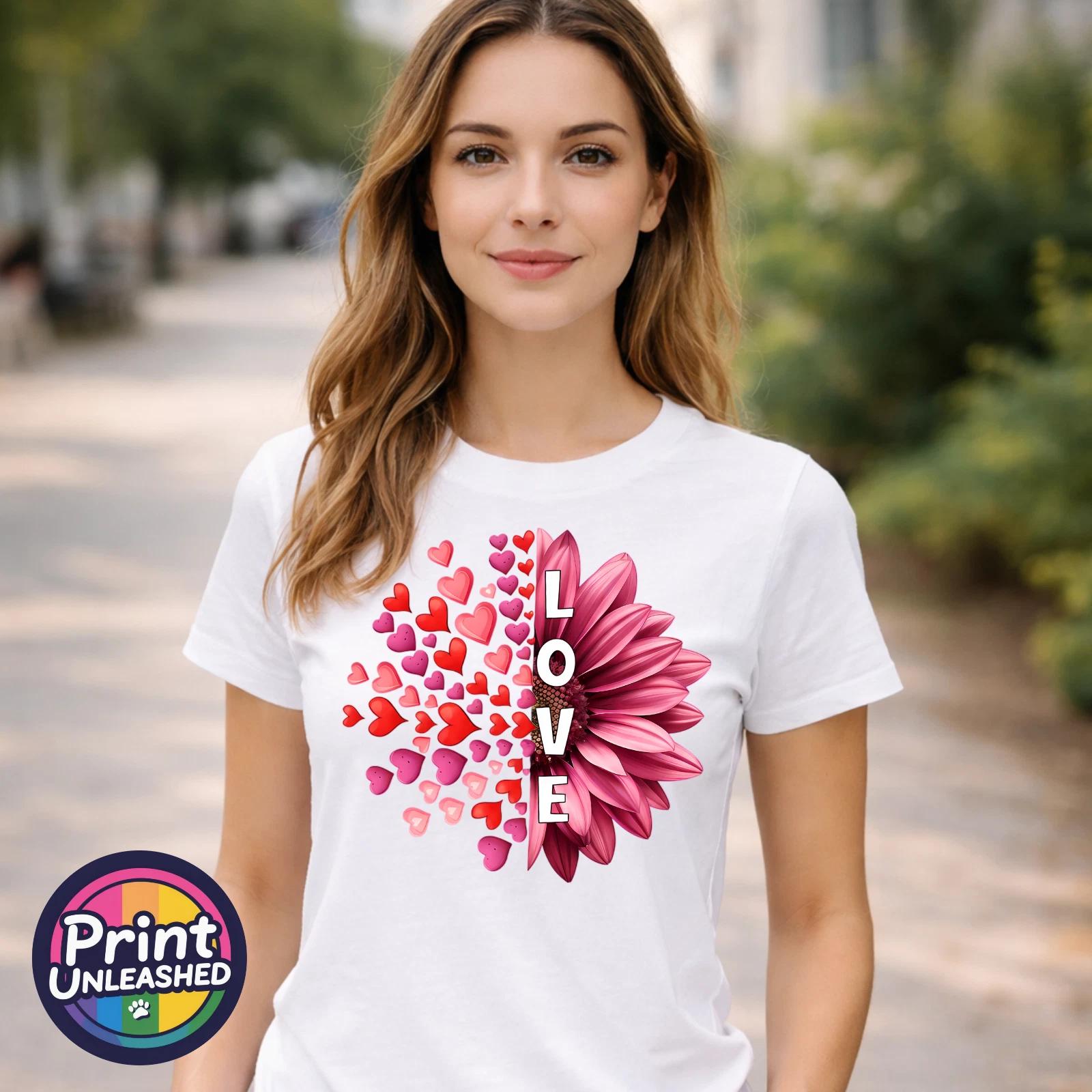Pink Flower T-Shirt Floral Hearts Printed Tee Love Heart Gift Unisex Top S-2XL 3XL