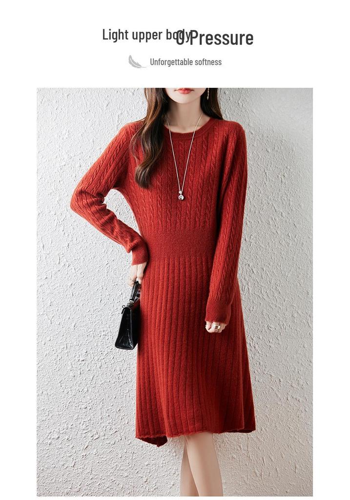 Women's Pure Wool Pleated Sweater Dress with Slimming Waist