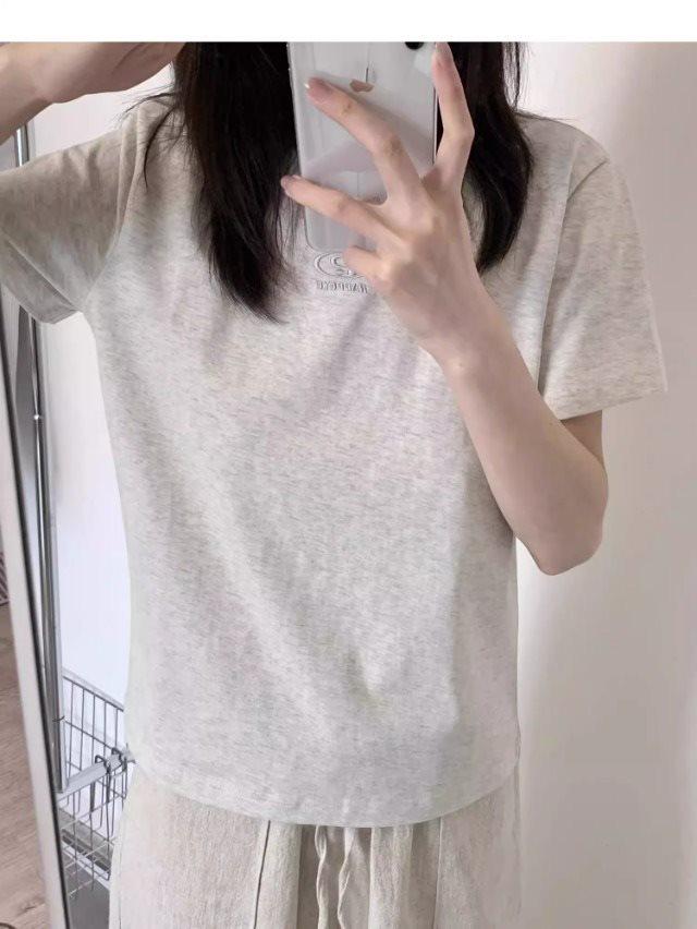 Women's American-Style Gray Embroidered Short-Sleeve T-Shirt, Summer 2025, Small Size, Loose Fit, Casual Straight-Shoulder Top
