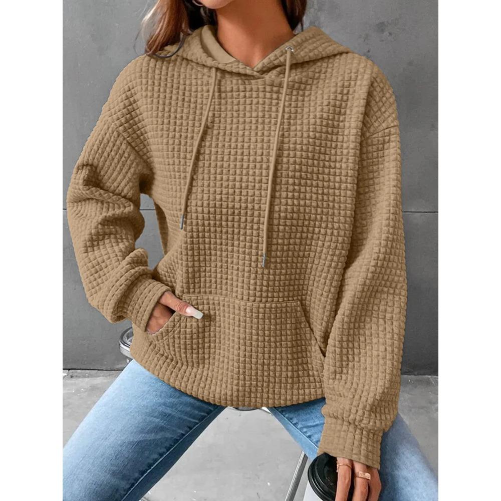Women's Hooded Sweatshirt Spring and Autumn Style Waffle Fashion Beautiful Solid Color Hooded Drawstring Loose Sweatshirt