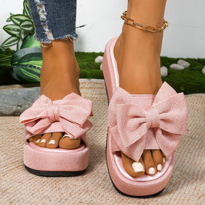 Large size spring and summer new women's shoes platform one word with bow leopard print outside wearing cool slippers women