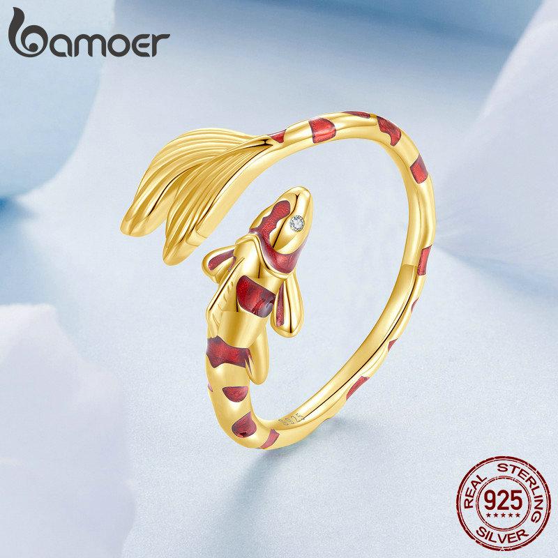 Bamoer 925 Silver Red Enamel Koi Opening Ring Lucky Fish Tail Adjustable Ring for Women Birthday Gift Fine Jewelry