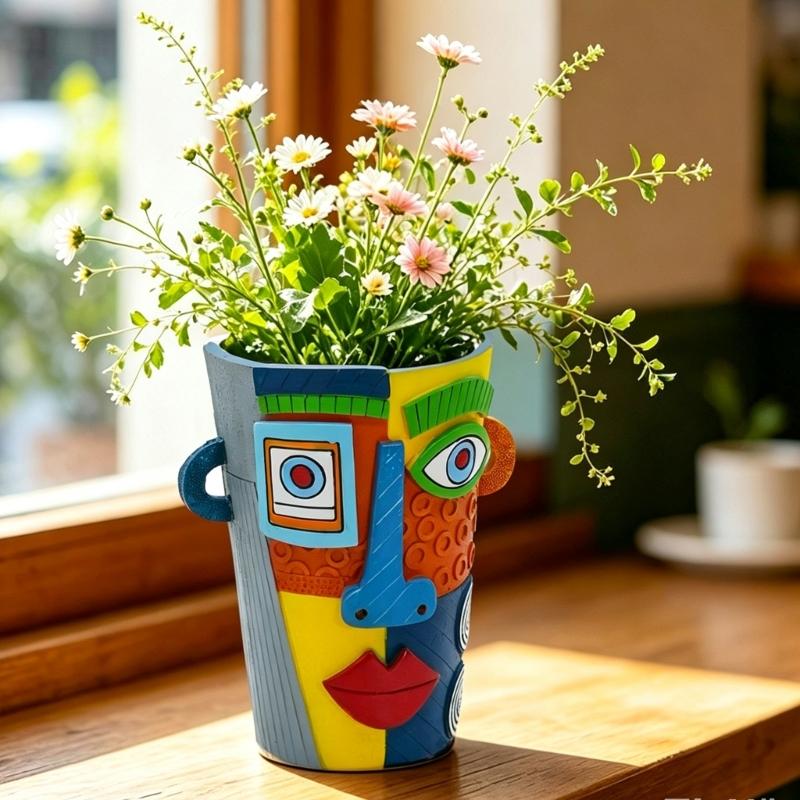 Resin Flower Pot with Abstract Face Profile, Wide Vessel Opening, and Colorful Pattern for Indoor Plant Display On Tables and Shelves