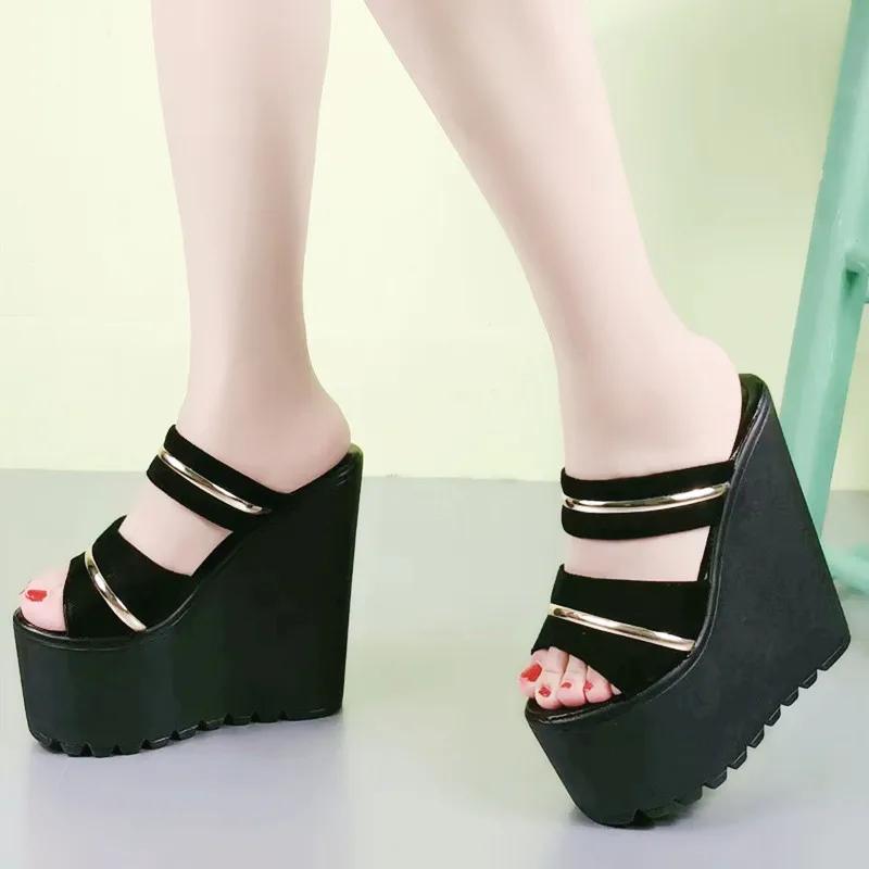 Modne 16CM Damskie Sandały na Platformie Wysokie Obcasy Koturn Otwarte Palce Wsuwane Bez Pięty Muły Letnie Kapcie Buty