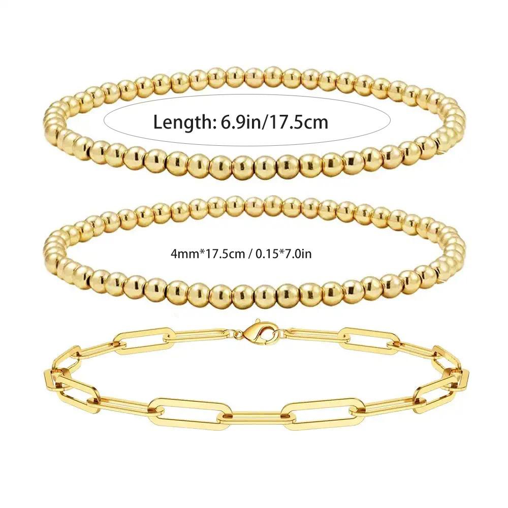 18K Gold Stainless Steel Layered Bead Bracelet Set