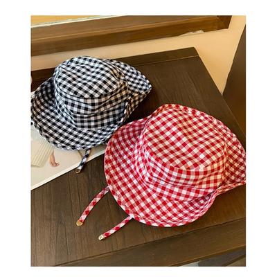 Japanese Style Sweet Gingham Basin Cap Adjustable Bucket Hat For Women And Men Soft Cotton Summer Sun Protection