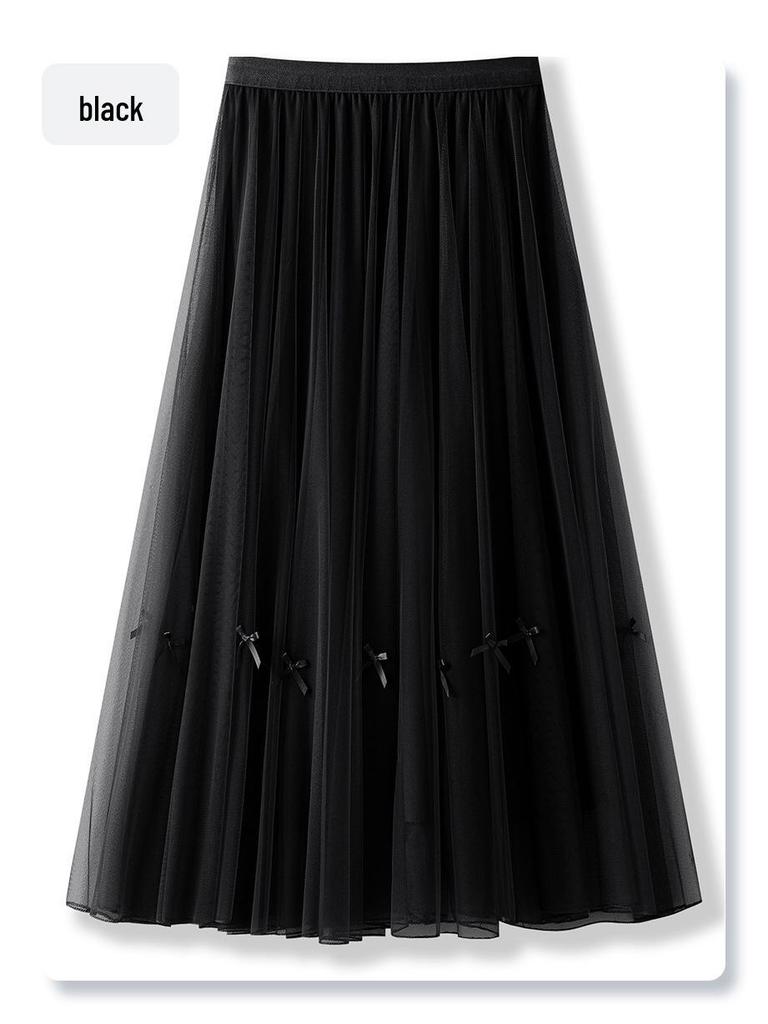 White Women's Drapey A-Line Mesh Skirt - 2024 New Autumn, Spring Mid-Length Pleated Style
