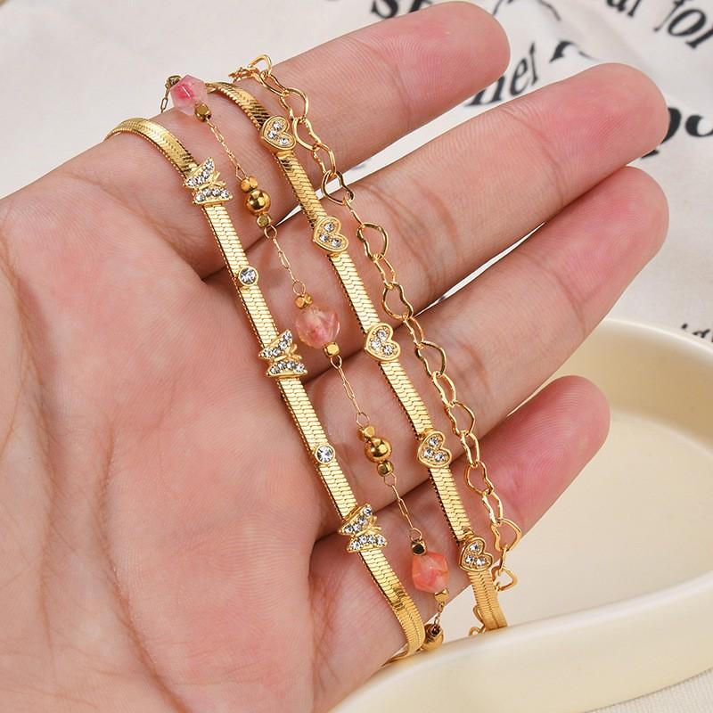 Double Layer Titanium Steel Gold Plated Heart Butterfly CZ Crystal Bracelet Women Fashion Chain Jewelry