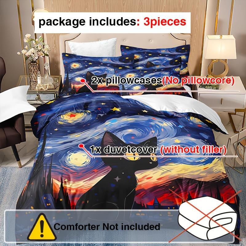 Charming Black Cat Van Gogh-Inspired 3pcs Duvet Cover Set - Soft Breathable Cozy Bedding with Cute Kitten Prints for All Seasons