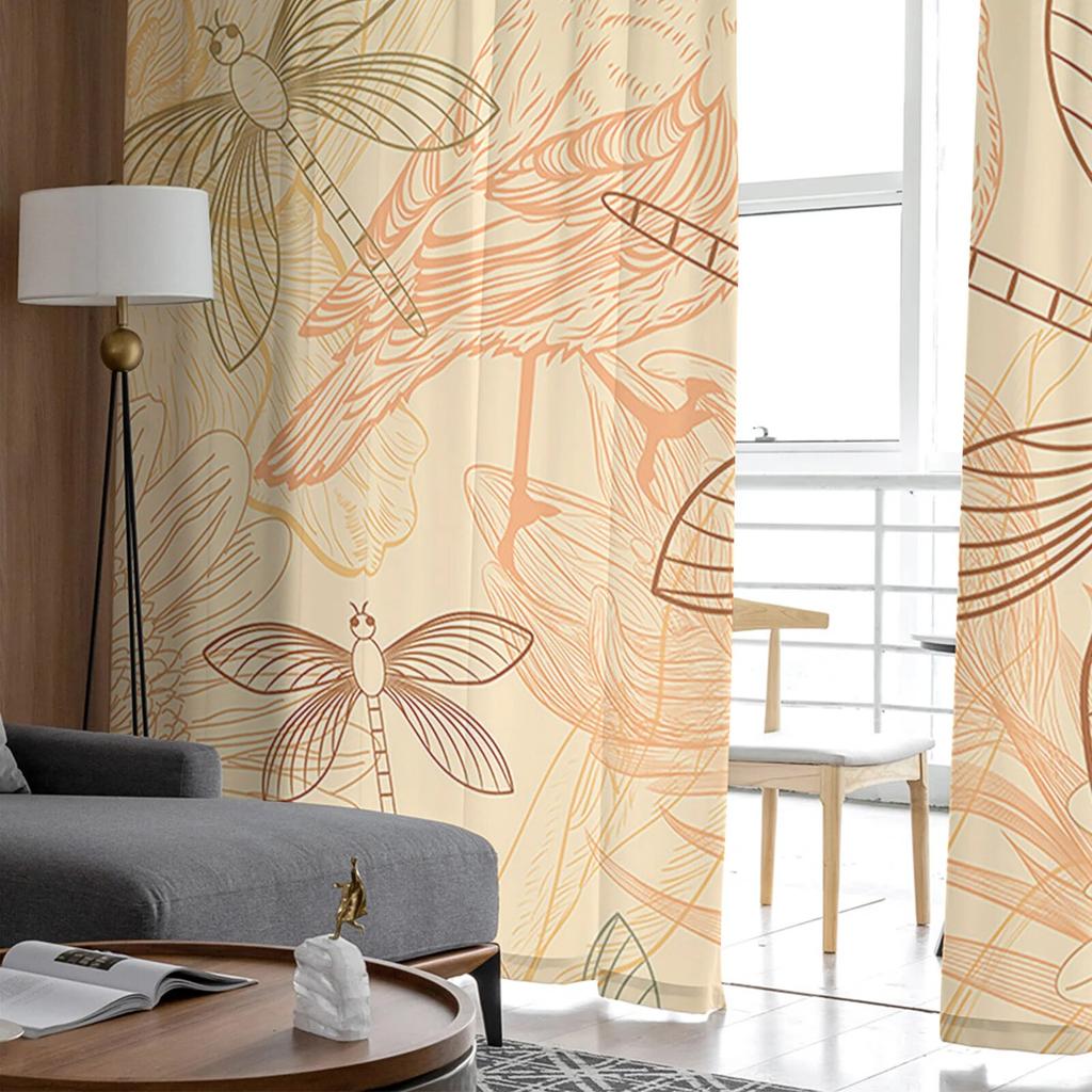 Retro Dragonfly Birds Flowers Sheer Curtain for Living Room Hall Wall Dress Up  Home Window Supplies Pop Print Tulle Curtains