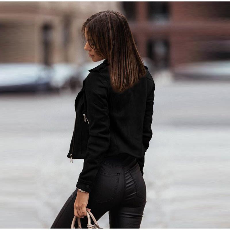 Jaqueta Vintage de Couro Camurça Sintético Slim Fina Feminina Gola Virada para Baixo Zíper Casaco Curto Manga Comprida Jaquetas Sólidas Estilo Motociclista Casual Outono Inverno