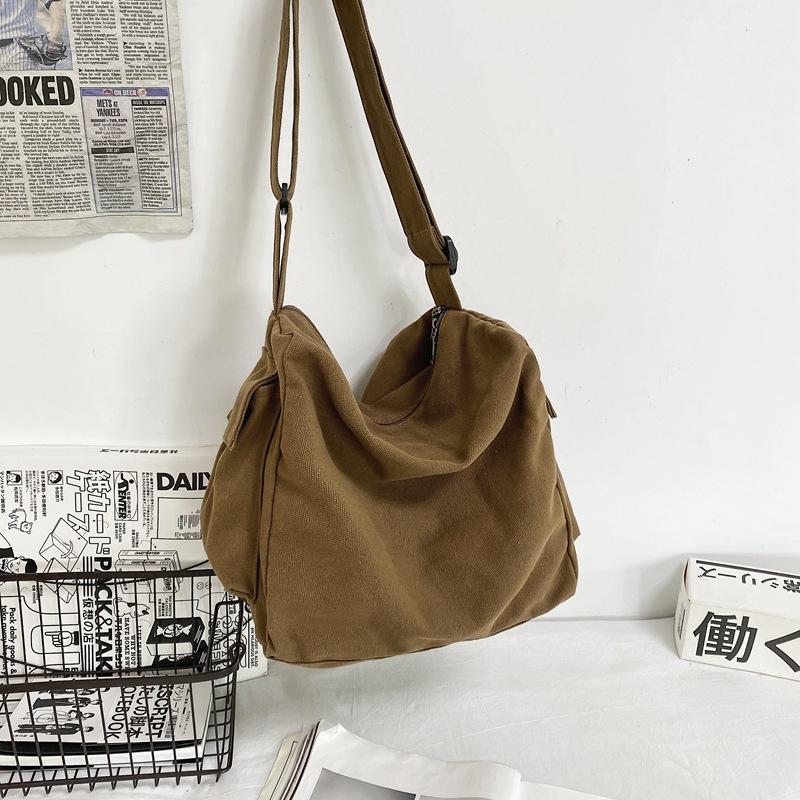 Lazy Canvas Bag Ins Japanese Retro Simple Vintage Vintage Literary Shoulder Bag Women's Personality Wide Shoulder Strap Cross-body Bag