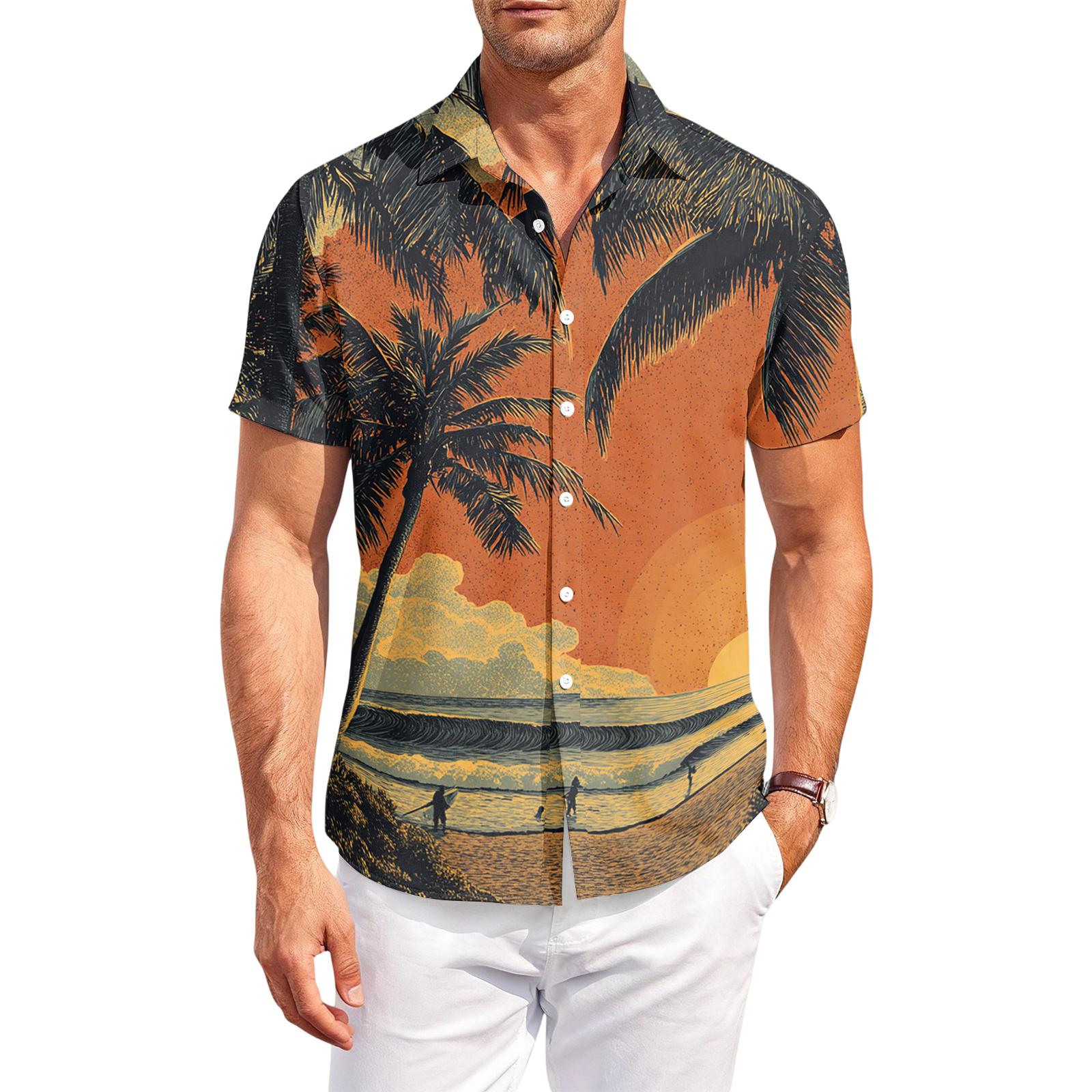 

Men’s Short Sleeve Button Down Shirt with Tree Print Lightweight Casual Fit Collared Top XL шафрановий