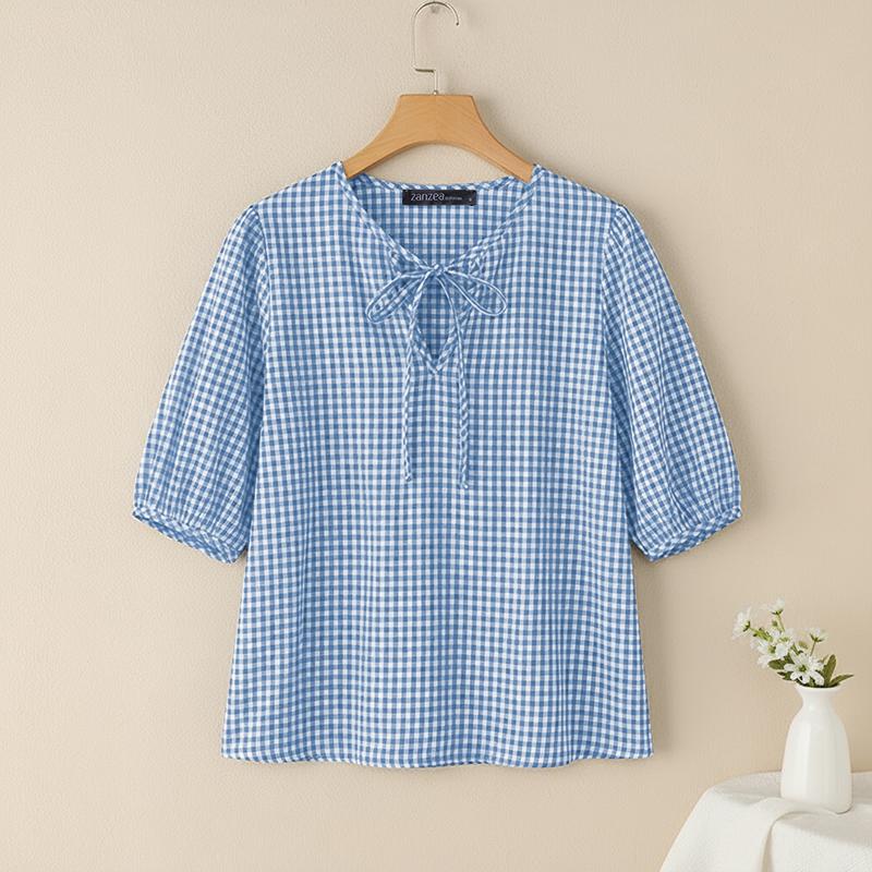 ZANZEA Women Plaid Print Casual Roujnd Neck 3/4 Sleeve Loose Blouse