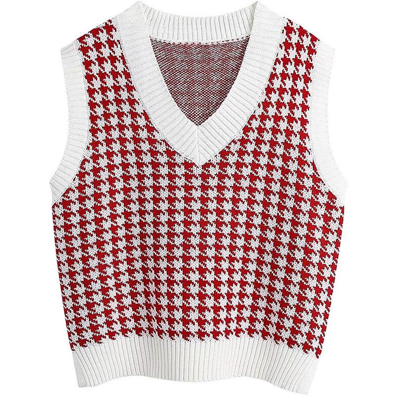 Women Fashion Oversized Houndstooth Plaid Knitted Vest Sweater Vintage Sleeveless Side Vents Female Waistcoat Chic Tops