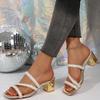 Fashion Women's Sandals Rhinestones Decoration Square Toe Square Heel Fashion Mid Heel Shoes Slide Slipper Summer
