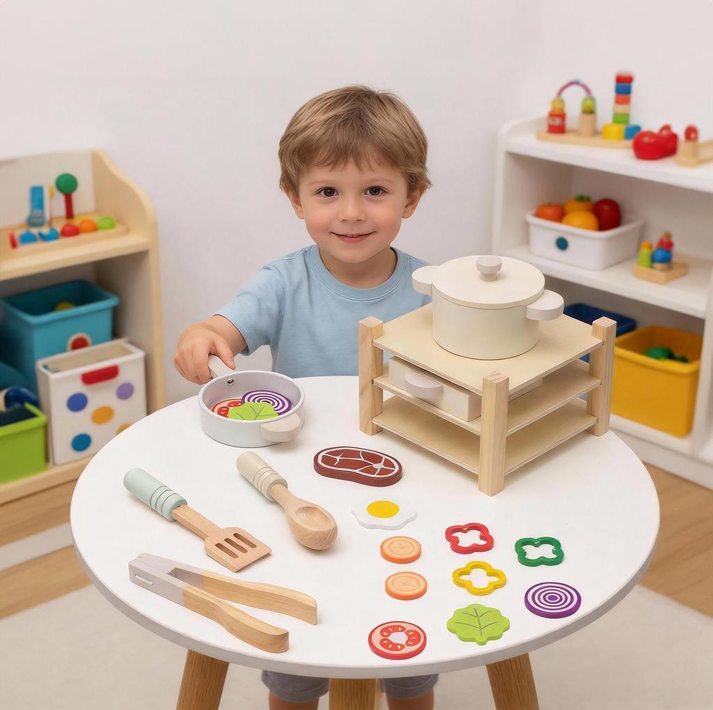 Wooden Play Kitchen Cookware Set: Frying Pan & Rice Cooking Toys for Kids