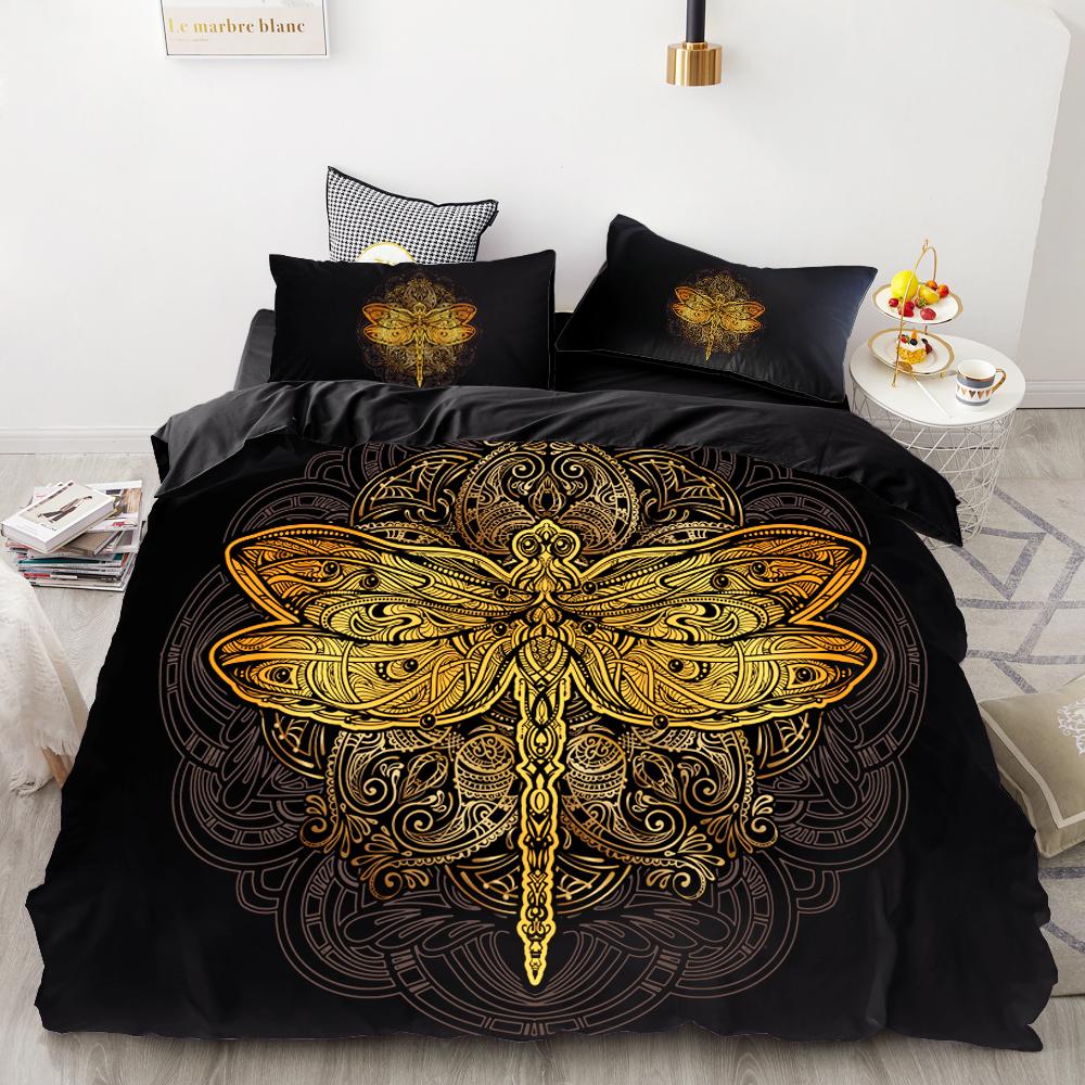 3D HD Digital Printing Bedding Set,Black Duvet Cover Set Queen Cal King,Bedclothes Golden Dragonfly Drop Shipping