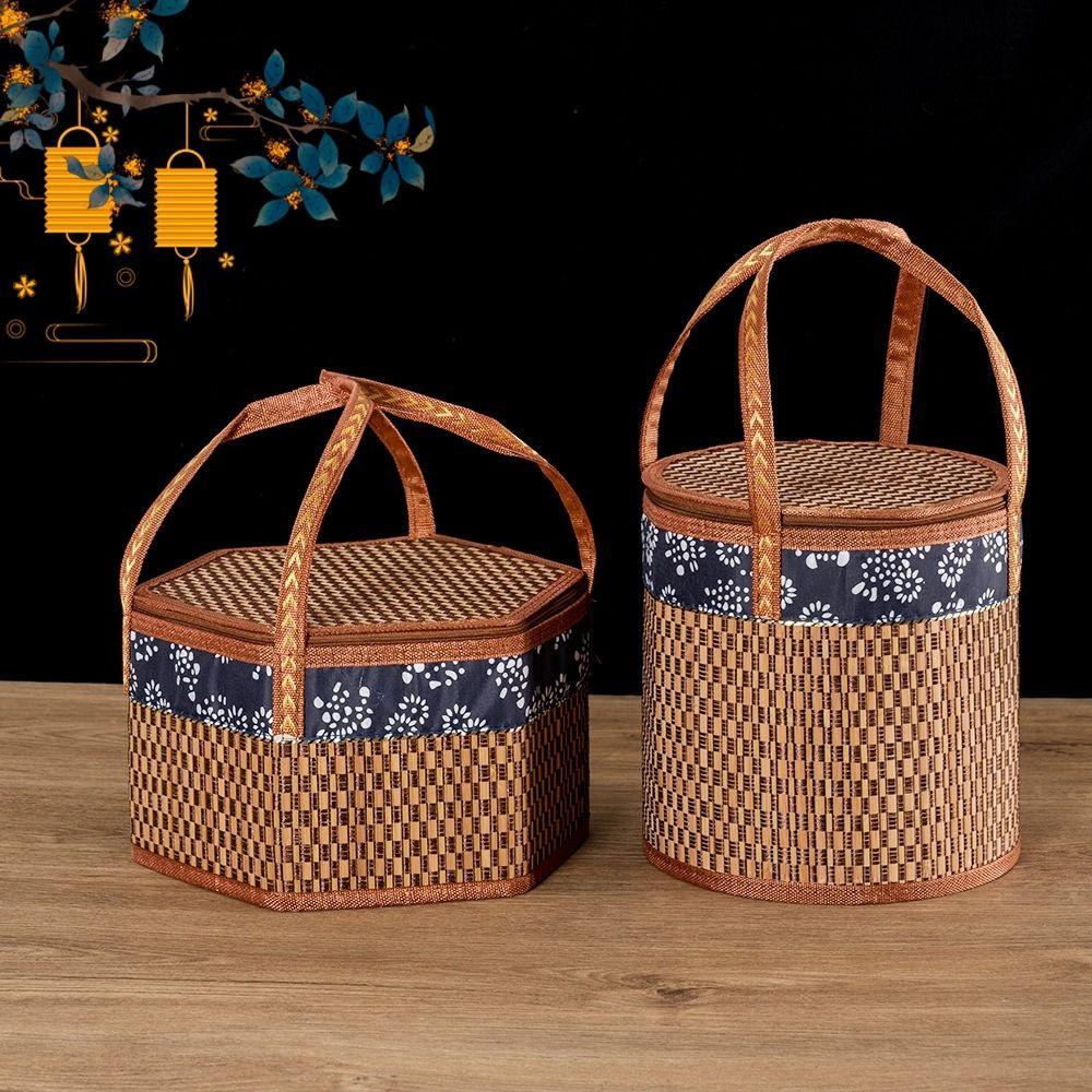 Handheld Bamboo Woven Picnic Basket Cylindrical Tote Storage Basket Dessert Food Bag  Tea