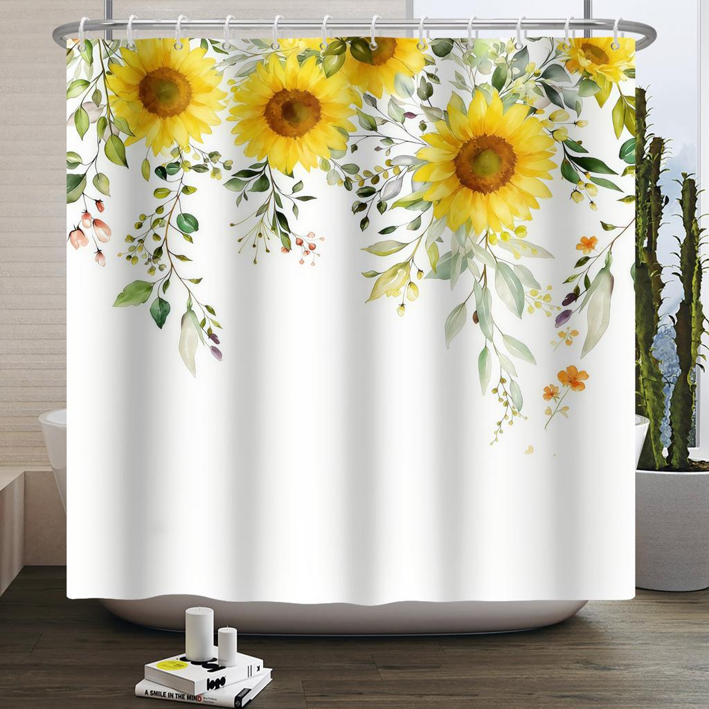 Modern Fresh Plant Shower Curtain Flowers Sunflower Hyacinth Shower Curtains Bathroom Decor Waterproof With 12 Hooks Curtains
