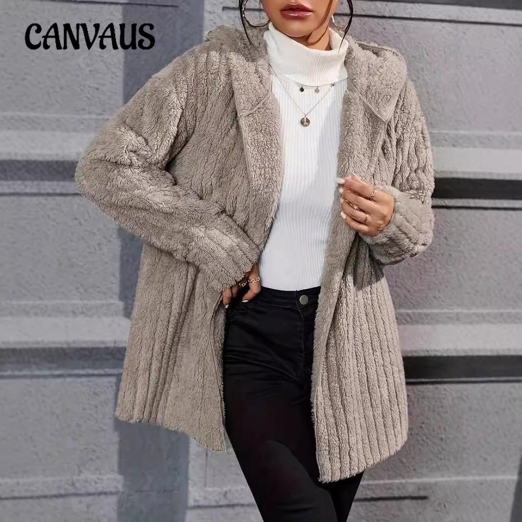 Autumn and Winter Women's Warm Fashion Vertical Stripe Plush Hooded Plus Size Fashion Solid Colour Coat