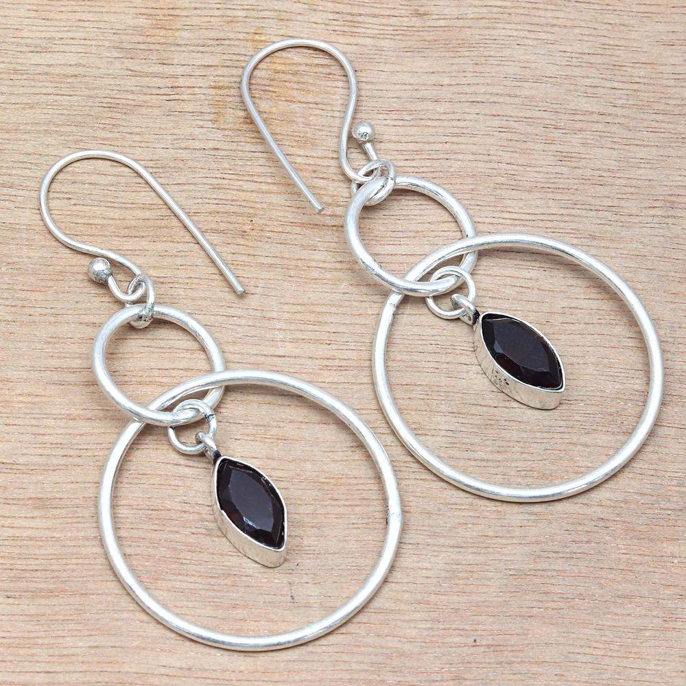 Smoky Quartz Gemstone Handmade Silver Jewelry Earrings 1.5''