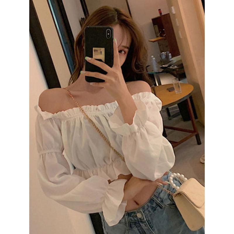 Dámský top sexy halenka bez ramen Top s dlouhým rukávem Jednobarevná Bílá košile s nabíraným rukávem Volán Tunika Top Letní Tube Top