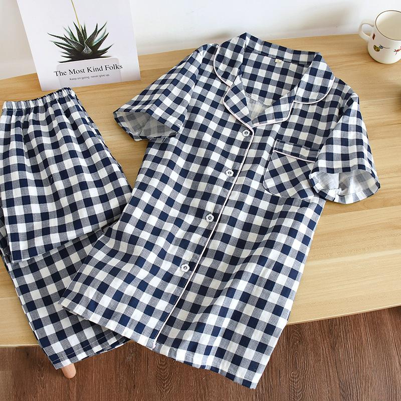 Couple plaid loungewear cotton gauze short-sleeved trousers pajamas women's thin men's spring and summer suit cotton yarn