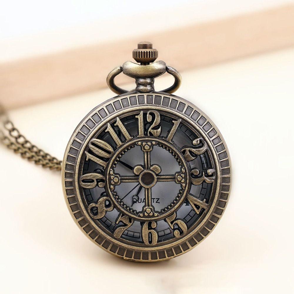 Antique Design Steampunk Clock Necklace Quartz Movement Hollow Chain Watches Flip Bronze Finish Pocket Watch Best Gift