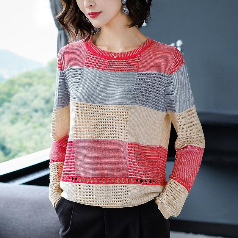 Damen Frühling Herbst Dünner Lochstrickpullover Colorblock Locker Langarm Gestreckte Strickwaren