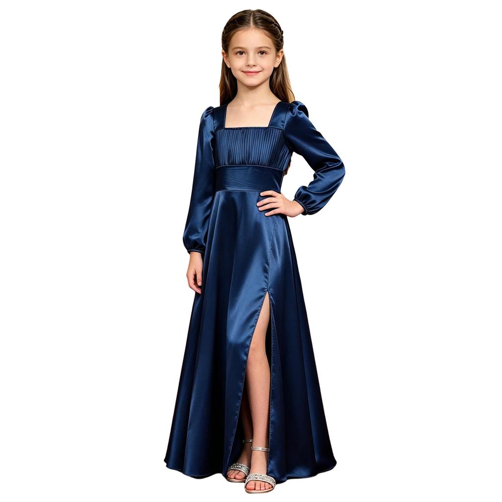 Kids Girls Puff Sleeve Square Neck Satin Party Gown Pleated Bodice Split Hem Back Invisible Zipper for Wedding Performance Banquet