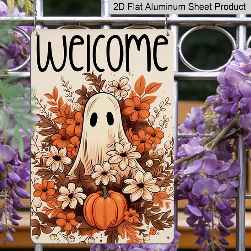 2D Flat Welcome Cute Ghost Floral Pumpkin Autumn Metal Sign - 8.0x12.0inch Aluminum Wall Art, Vintage Neutral Floral Halloween Front Porch Decor