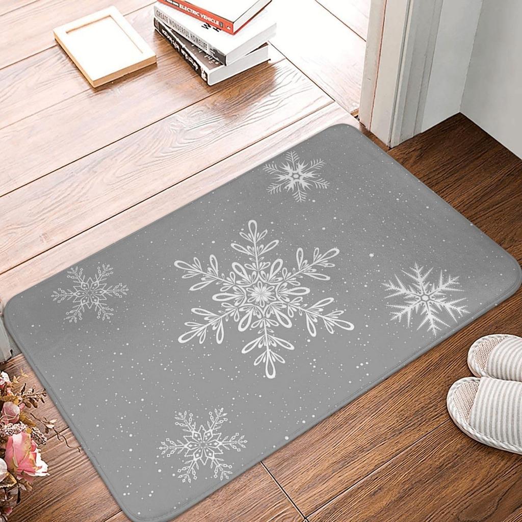 Grey Snowflake Christmas Bath Mat Non Slip Soft Absorbent Winter Holiday Rug White Snowflake Floor Mat for Home Decor 16x24 Inch