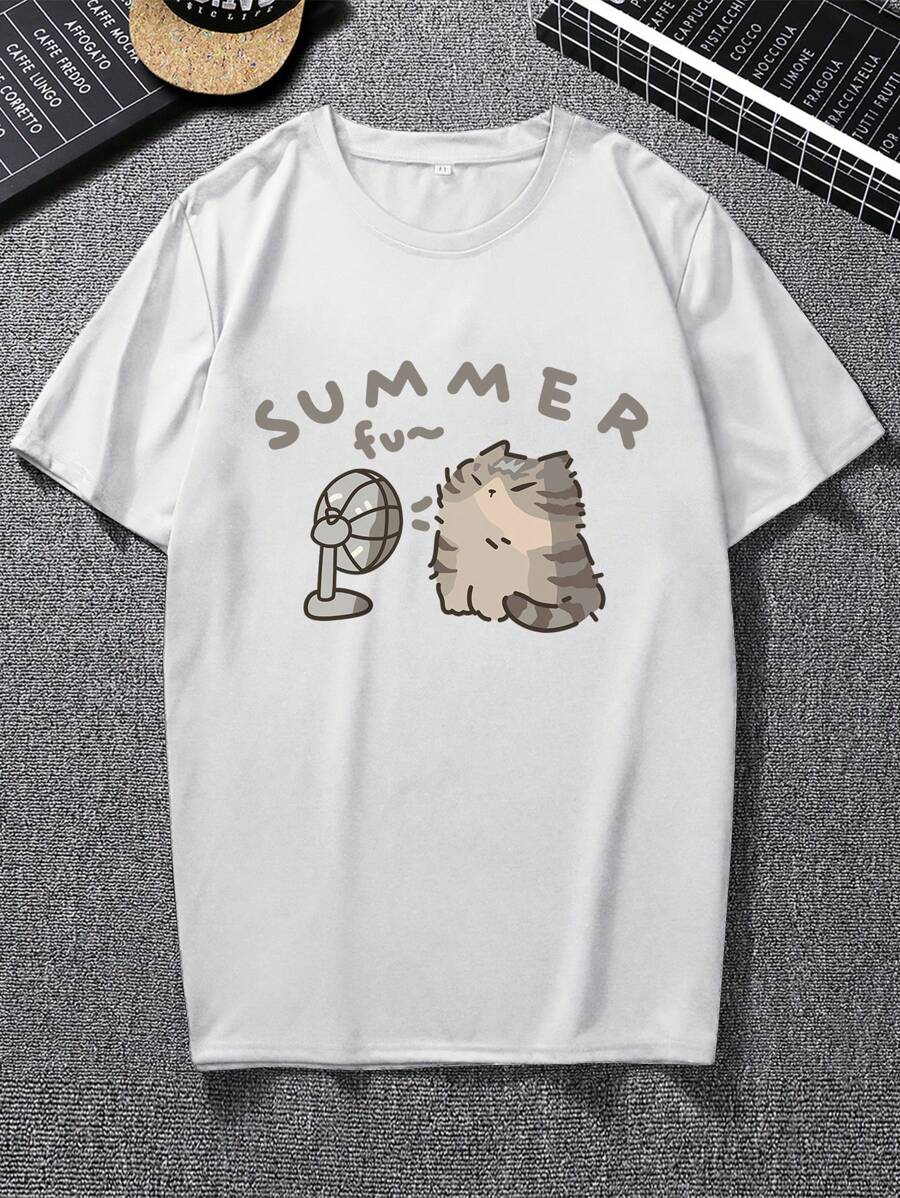 

Unisex Summer Casual Fit Cute Cartoon Cat Graphic Printed Round Neck Drop Shoulder Short Sleeve Casual T-Shirt XXL