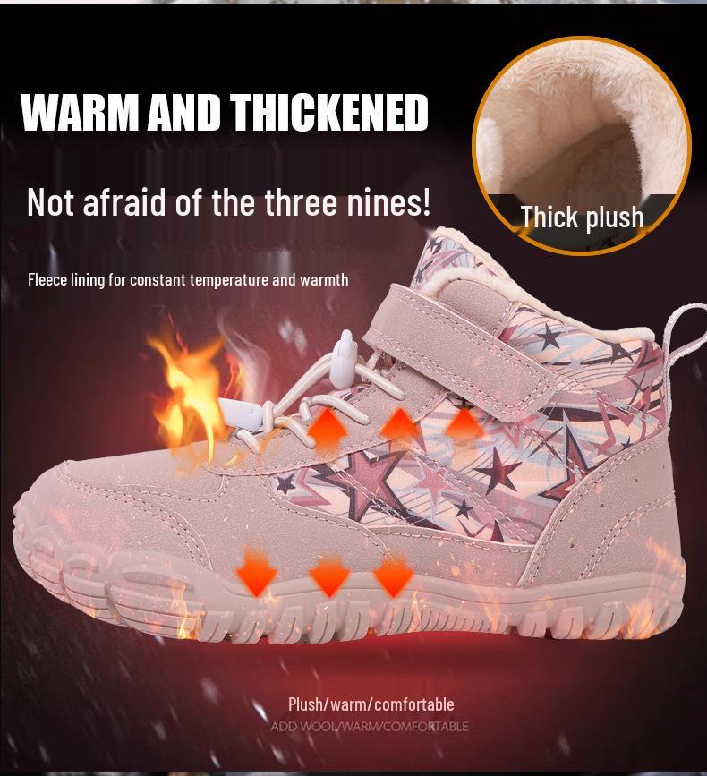 Cross-border Waterproof Non-Slip Winter Barefoot Cotton Shoes for Children: Warm, Velvet-Lined Snow Boots for Boys and Girls (Middle and Big Kids)